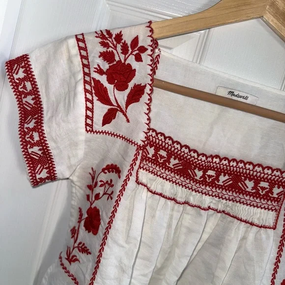 Madewell White Top XXS Red Embroidery Square Neck Short Sleeve Boho Flowy Chic - Picture 2 of 6